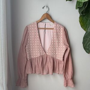 Saints & Hearts Blush Pink Boho Long Bell Sleeve Crop Peplum Deep V Neck Blouse